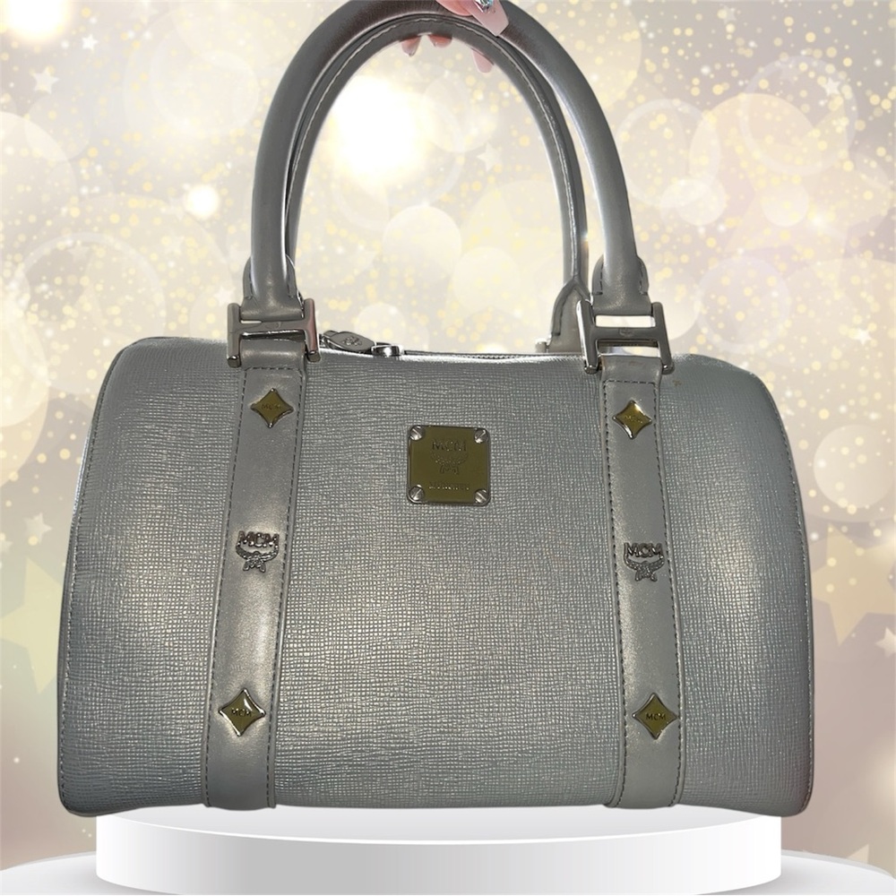 AUTHENTIC MCM 🩶Silver Studded Saffiano leather Boston Handbag EUC - Picture 3 of 16